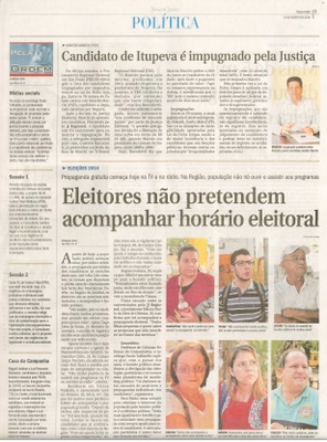 JJ - 19/08/14 - pg 3 - Política - Candidato de Itupeva é impugnado pela justiça - Eleitores não pretendem acompanhar horário eleitoral - 