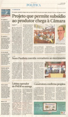 JJ - 19/11/14 - pg 3 - Política - Projeto que permite subsídio ao produtor chega á Câmara - Novo Paulista convida vereadores ao movimento -