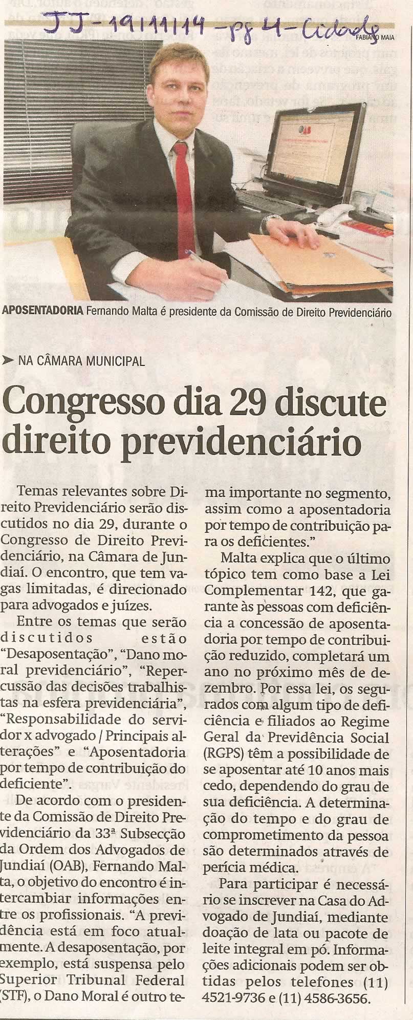 JJ - 19/11/14 - pg 4 - Cidades - Congresso dia 29 discute direito previdenciário -