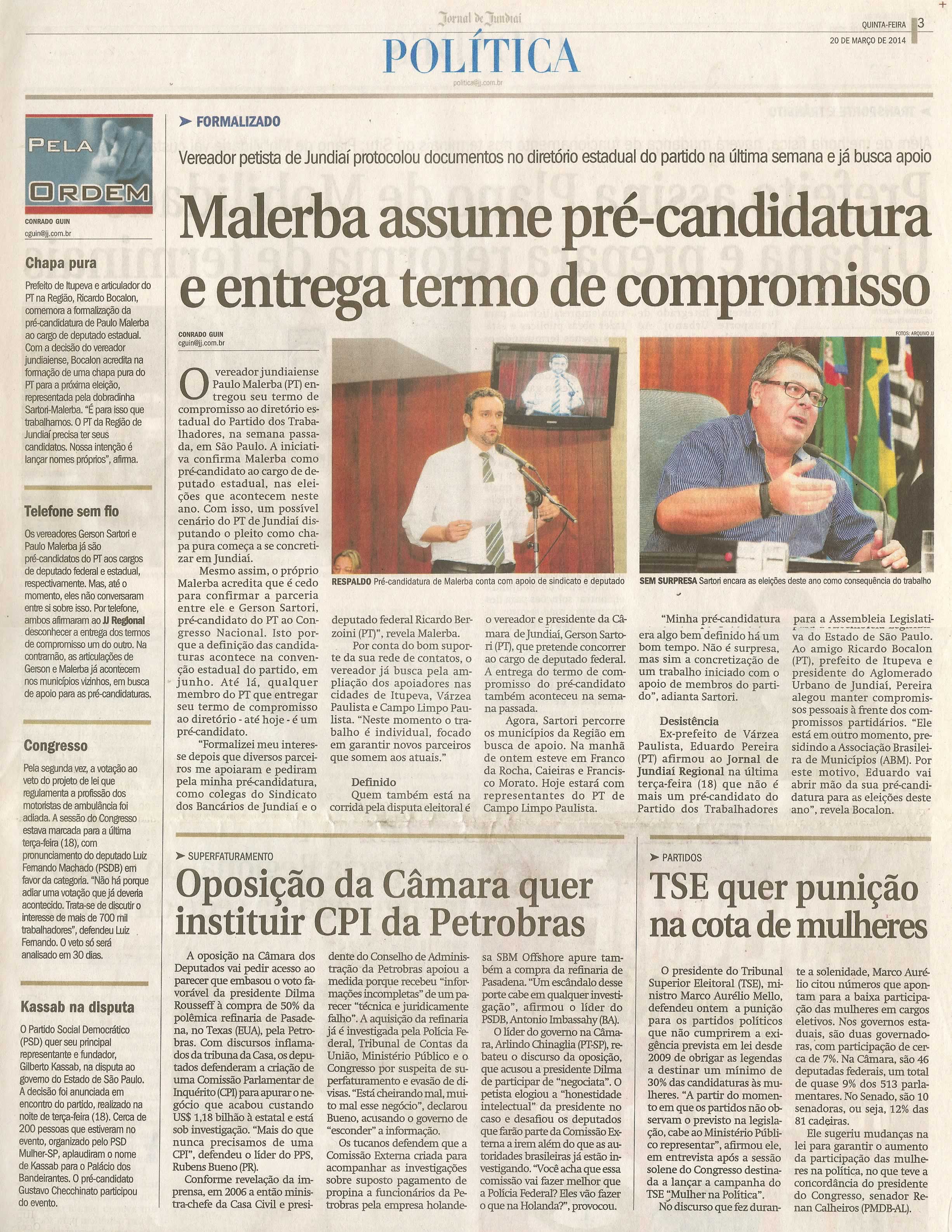 JJ - 20/03/14 - pg 3 - Política - Malerba assume pré-candidatura e entrega termo de compromisso - 