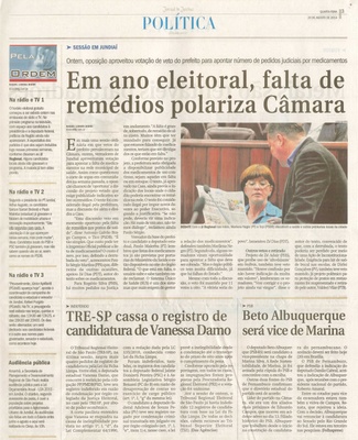 JJ - 20/08/14 - pág. 03- Política - Em ano eleitoral, falta de remédios polariza Câmara.