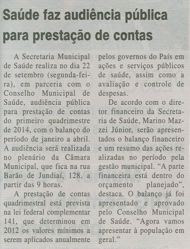 JJ - 20/09/14 - pág. 03 - Política - Saúde faz audiência pública para prestação de contas.