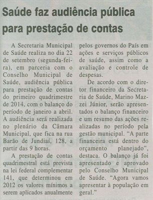 JJ - 20/09/14 - pág. 03 - Política - Saúde faz audiência pública para prestação de contas.
