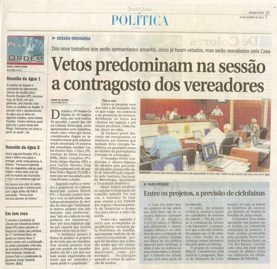 JJ - 20/10/14 - pg 3 - Política - Vetos predominam na sessão a contragosto dos vereadores - Entre os projetos, a previsão de ciclofaixas - -