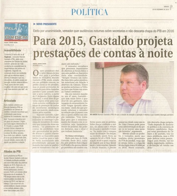 JJ - 20/12/14 - pg 3 - política - Para 2015, Gastaldo projeto prestações de contas à noite - 