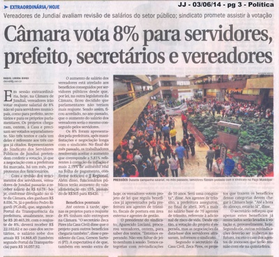 JJ – 03/06/2014 – pg 3 – Política – Câmara vota 8% para servidores, prefeito, secretários e vereadores.