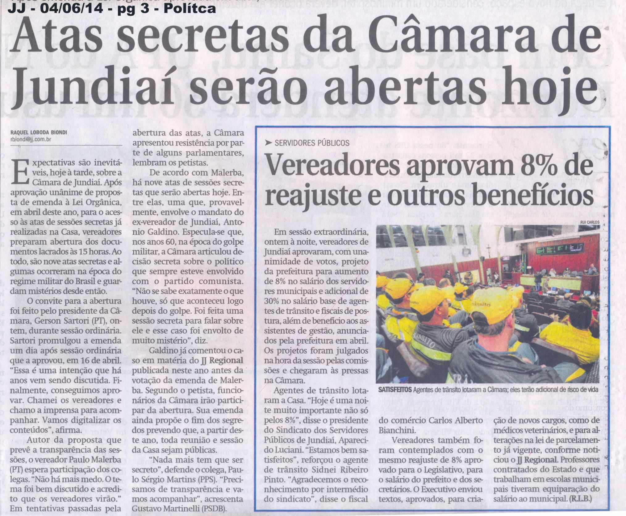 JJ – 04/06/2014 – pg 3 – Política – Atas secretas da Câmara de Jundiaí serão abertas hoje.