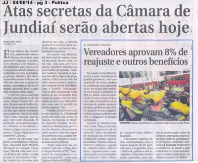 JJ – 04/06/2014 – pg 3 – Política – Atas secretas da Câmara de Jundiaí serão abertas hoje.