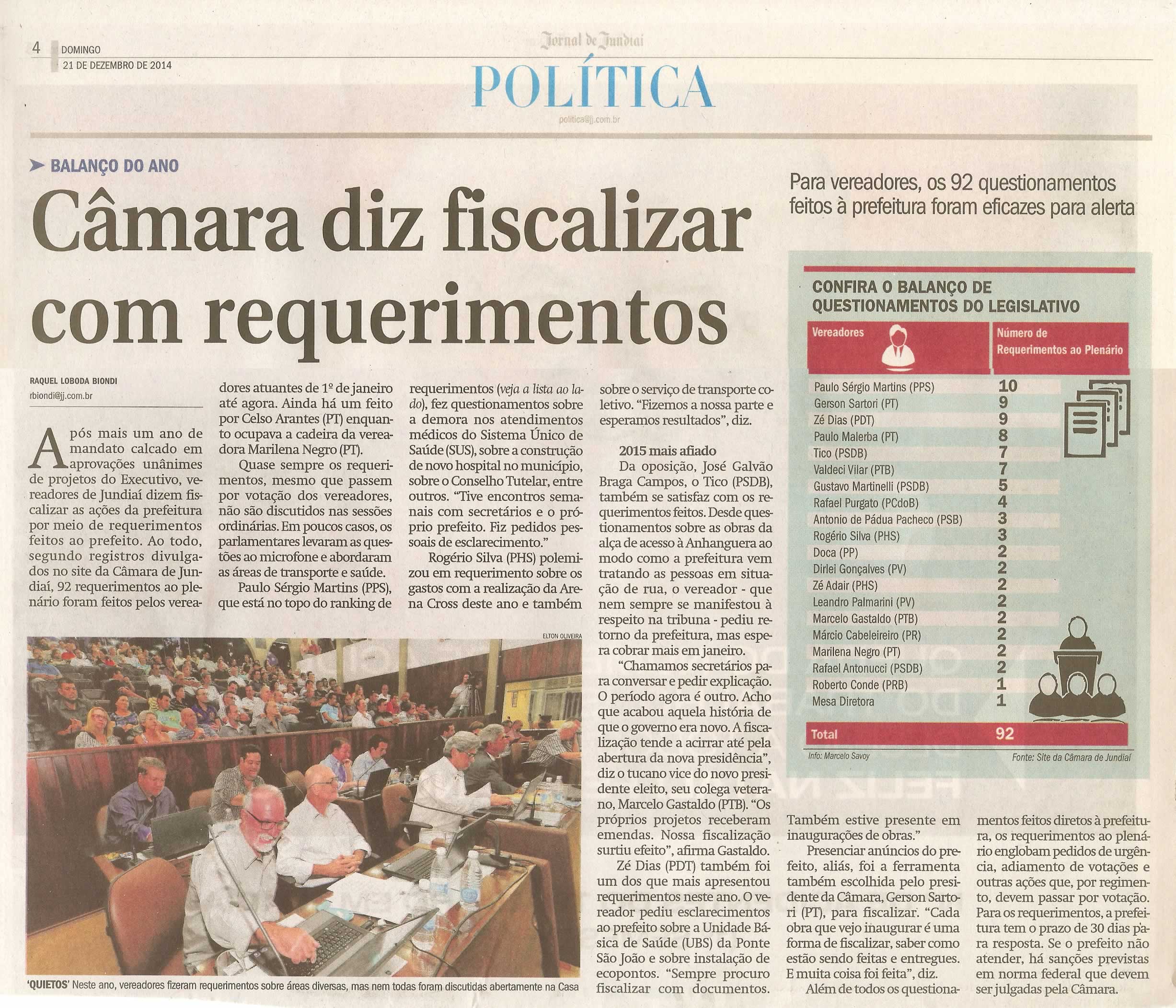 JJ - 21/12/14 - pg 4 - política - Câmara diz fiscalizar com requerimentos - 