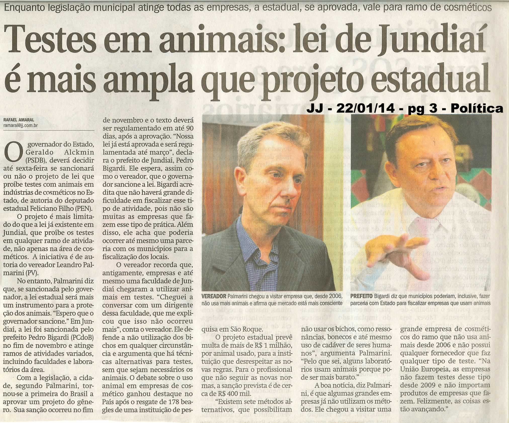 JJ - 22/01/14 - pg 3 - Política - Testes em animais: lei de Jundiaí é mais ampla que projeto estadual -