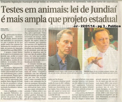 JJ - 22/01/14 - pg 3 - Política - Testes em animais: lei de Jundiaí é mais ampla que projeto estadual -
