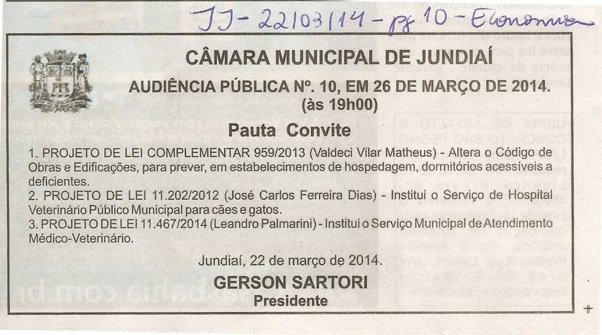 JJ - 22/03/14 - pg 10 - Economia - Audiência Pública nº 10 da Câmara Municipal de Jundiaí -