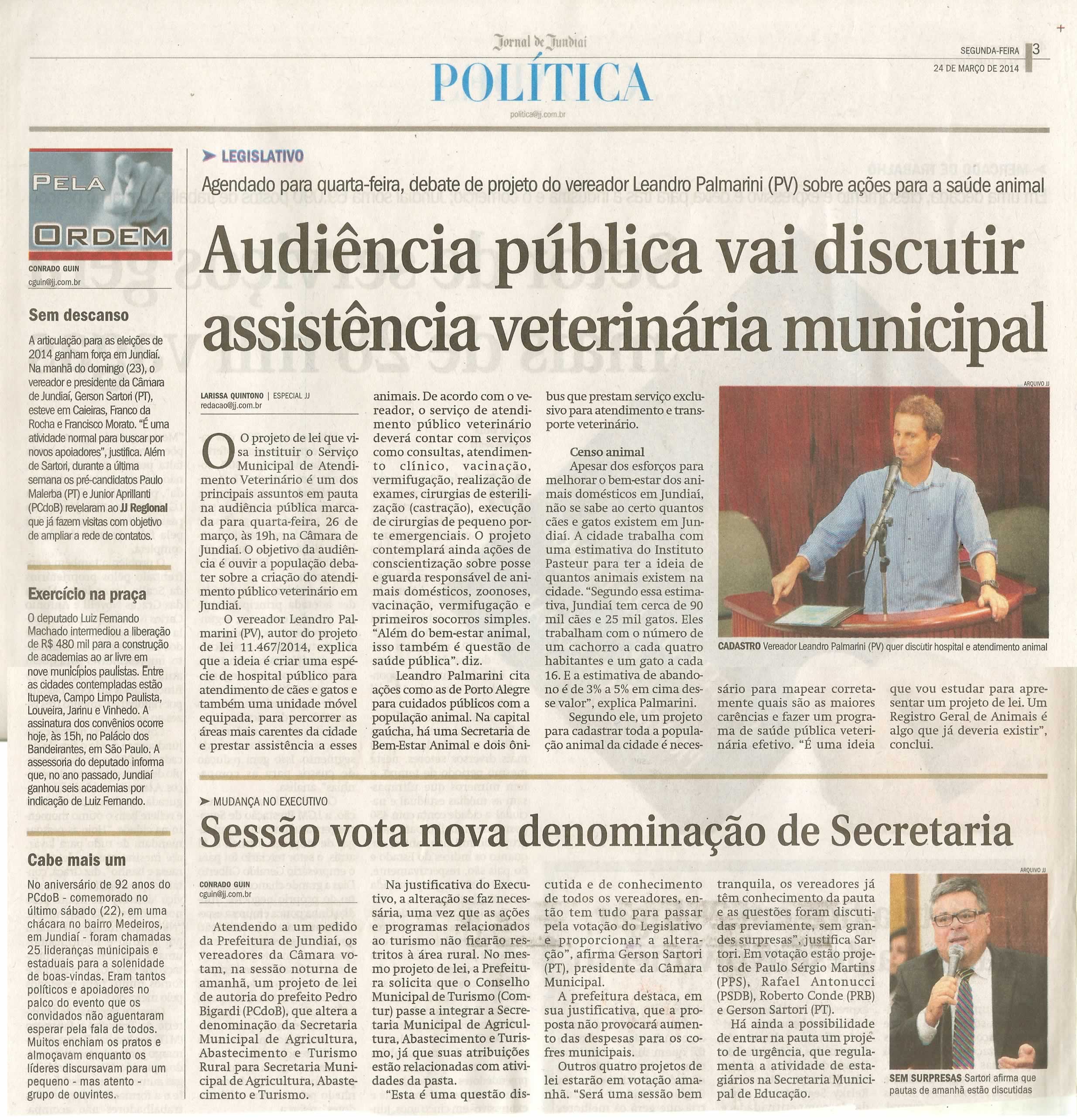 JJ - 24/03/14 - pg 3 - Política - Audiência pública vai discutir assistência veterinária municipal - Sesão vota nova denominação de secretaria -