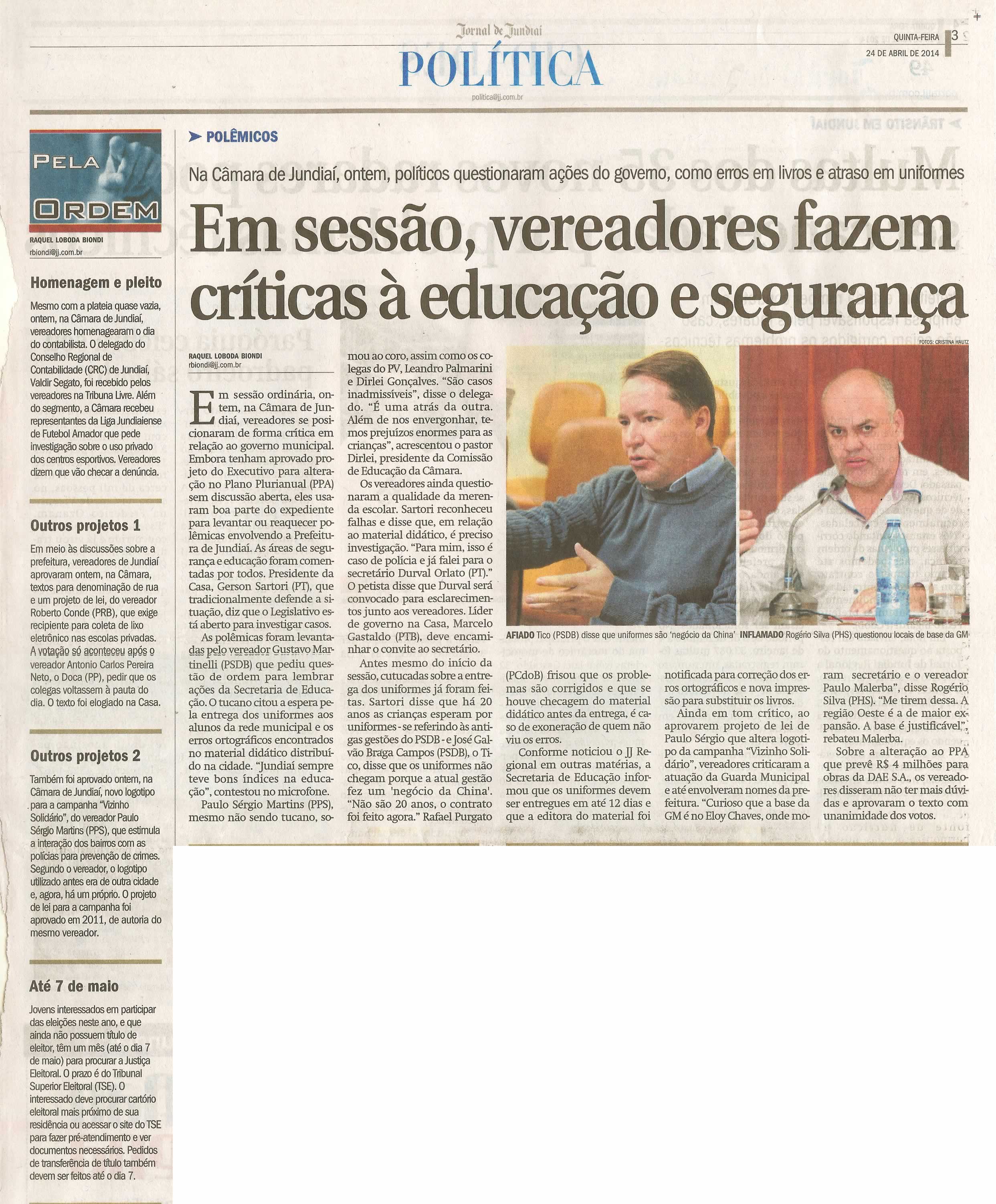JJ - 24/04/14 - pg 3 - Política - Em sessão, vereadores fazem críticas à educação e segurança - 