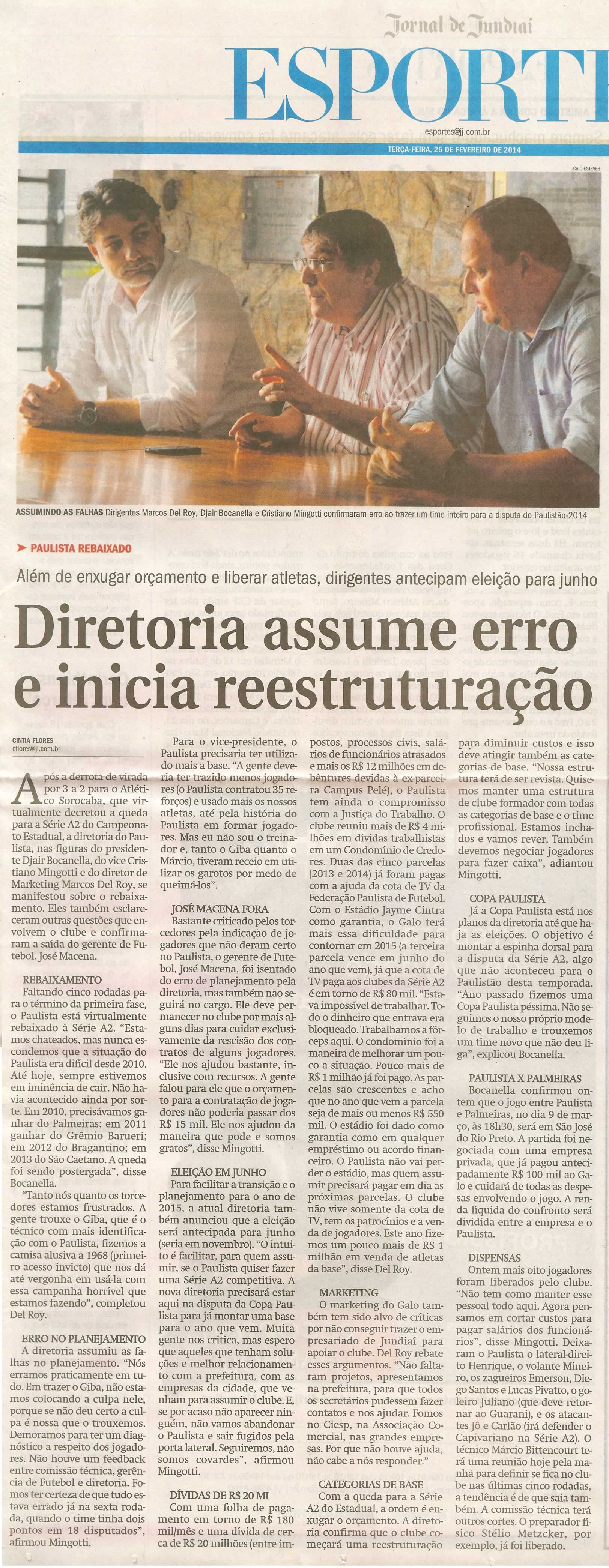 JJ - 25/02/14 - pg 1 - Esportes - Diretoria assume erro e inicia reestruturação -