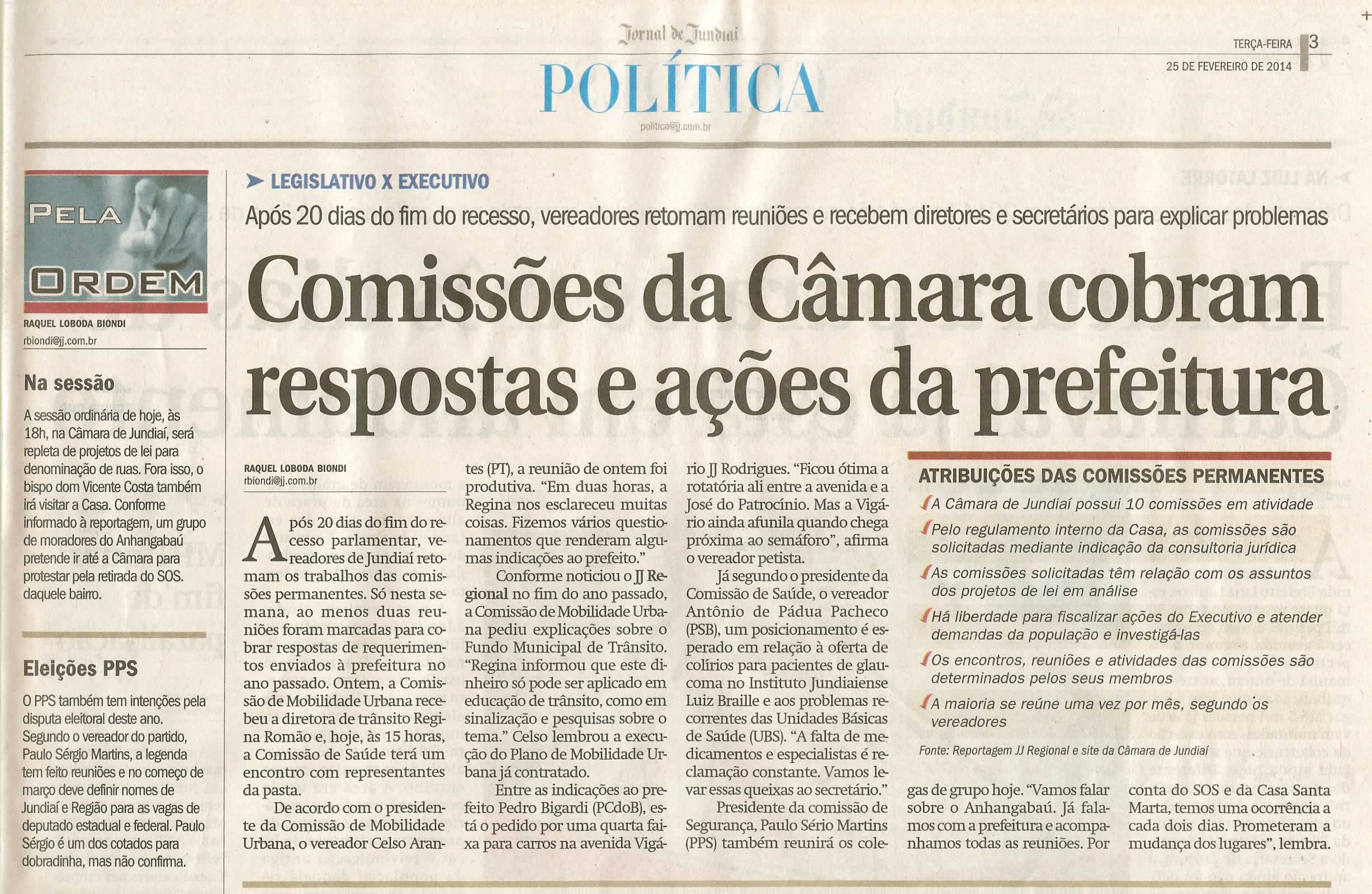 JJ - 25/02/14 - pg 3 - Política - Comissões da Câmara cobram respostas e ações da prefeitura -
