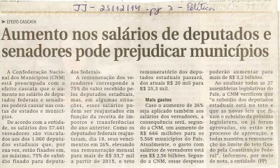 JJ - 25/12/14 - pág. 03 - Política - Aumento nos salários de deputados e senadores pode prejudicar municípios.