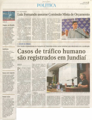 JJ - 26/03/14 - pg 3 - Política - Luiz Fernando assume Comissão Mista de Orçamento - casos de tráfico humano são registrados em Jundiaí - 