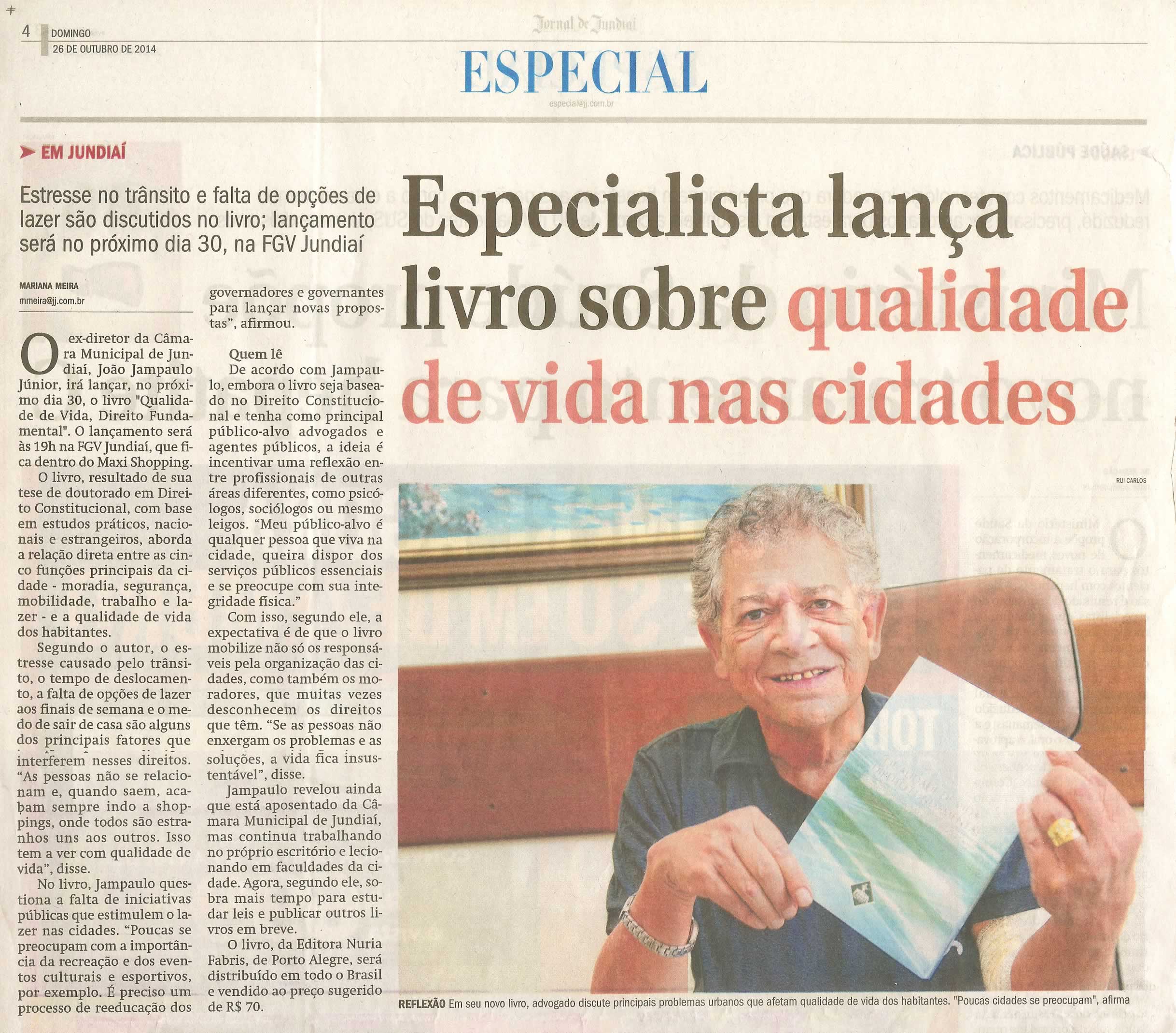 JJ - 26/10/14 - pg 4 - Especial - Especialista lança livro sobre qualidade de vida nas cidades -