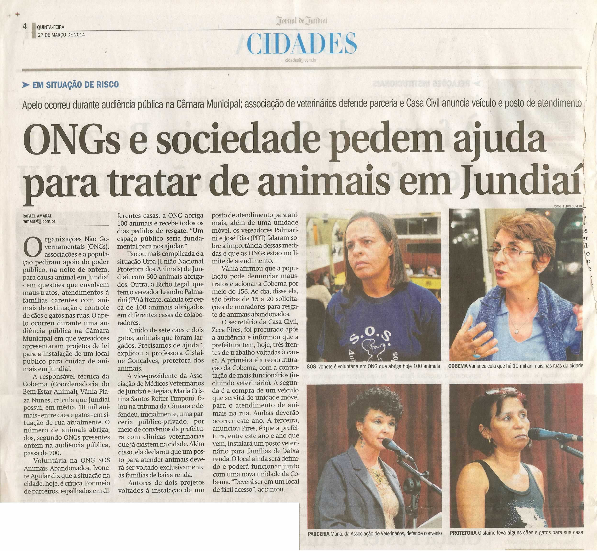 JJ - 27/03/14 - pg 3 - Política - ONGs e sociedade pedem ajuda para tratar de animais em Jundiaí -
