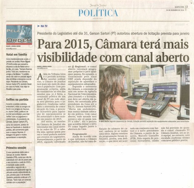 JJ - 27/12/14 - pág. 03 - Política - Para 2015, Câmara terá mais visibilidade com canal aberto - Pela Ordem.