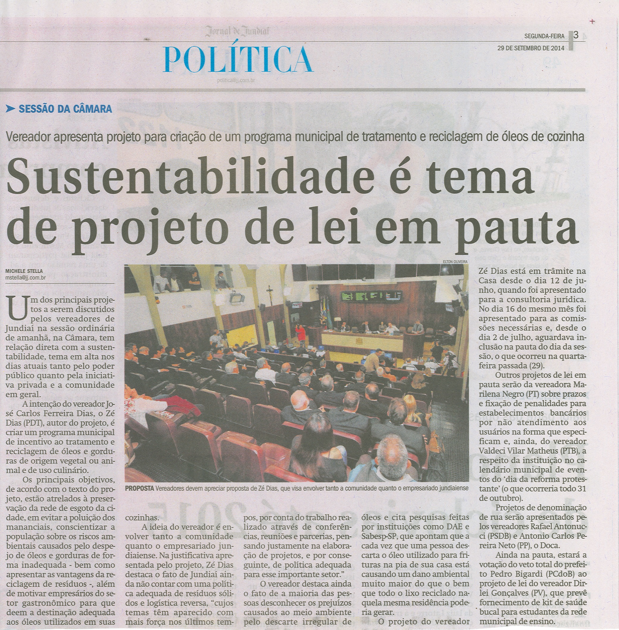 JJ - 29/09/14 - pág. 03 - Política - Sustentabilidade é tema de projeto de lei em pauta.