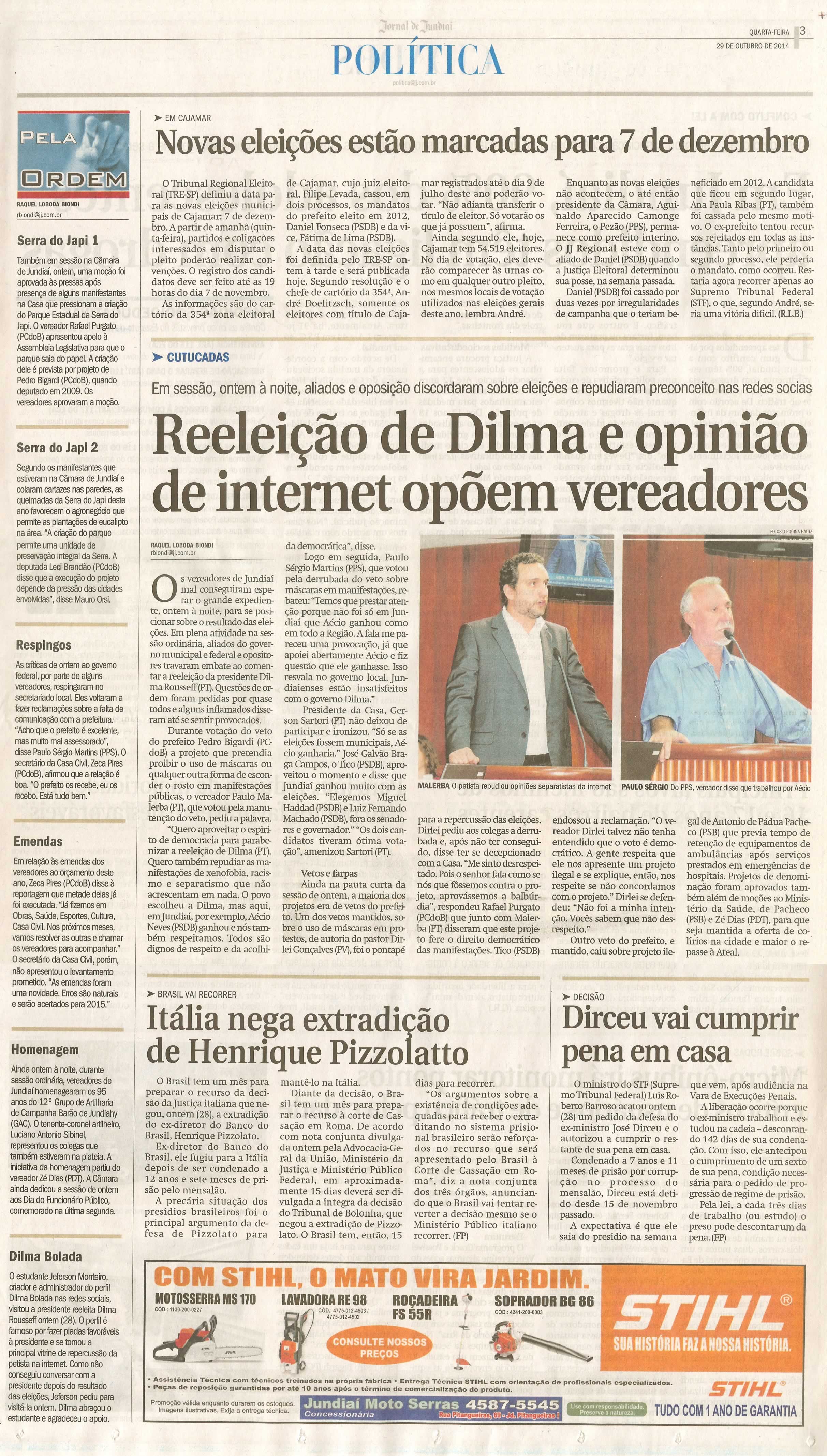 JJ - 29/10/14 - pg 3 - Política - Reeleição de Dilma e opinião e internet opõem vereadores -