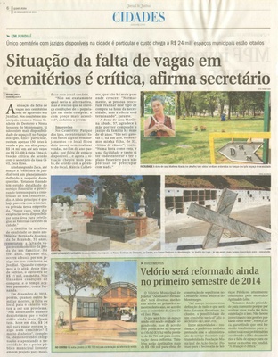 JJ - 30/01/14 - pg 6 - Cidades - Situação da falta de vagss em cemitérios é crítica, afirma secretário - 