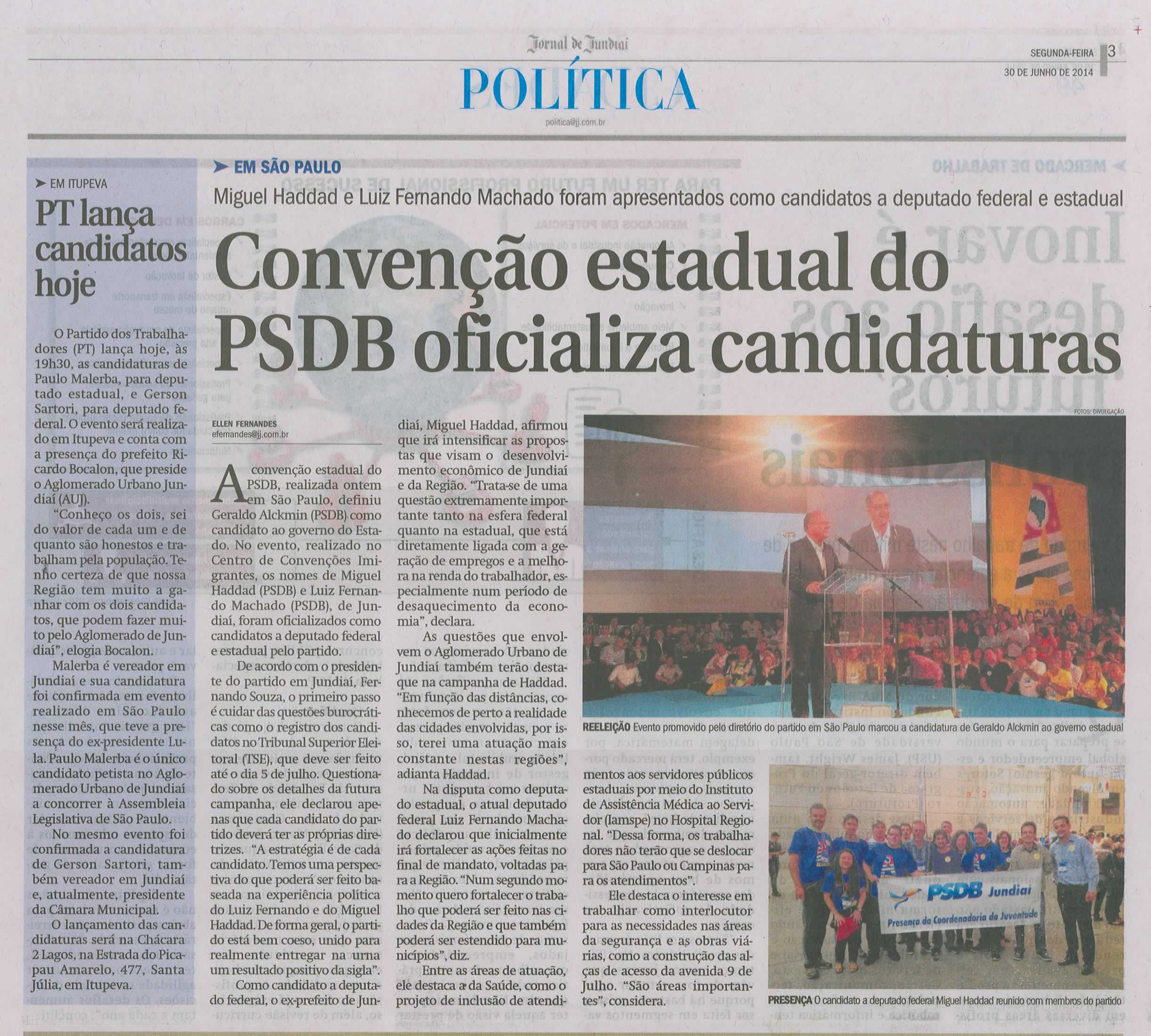 JJ - 30/06/14 - pg 3 - Política - Convenção estadual do PSDB oficializa candidaturas -