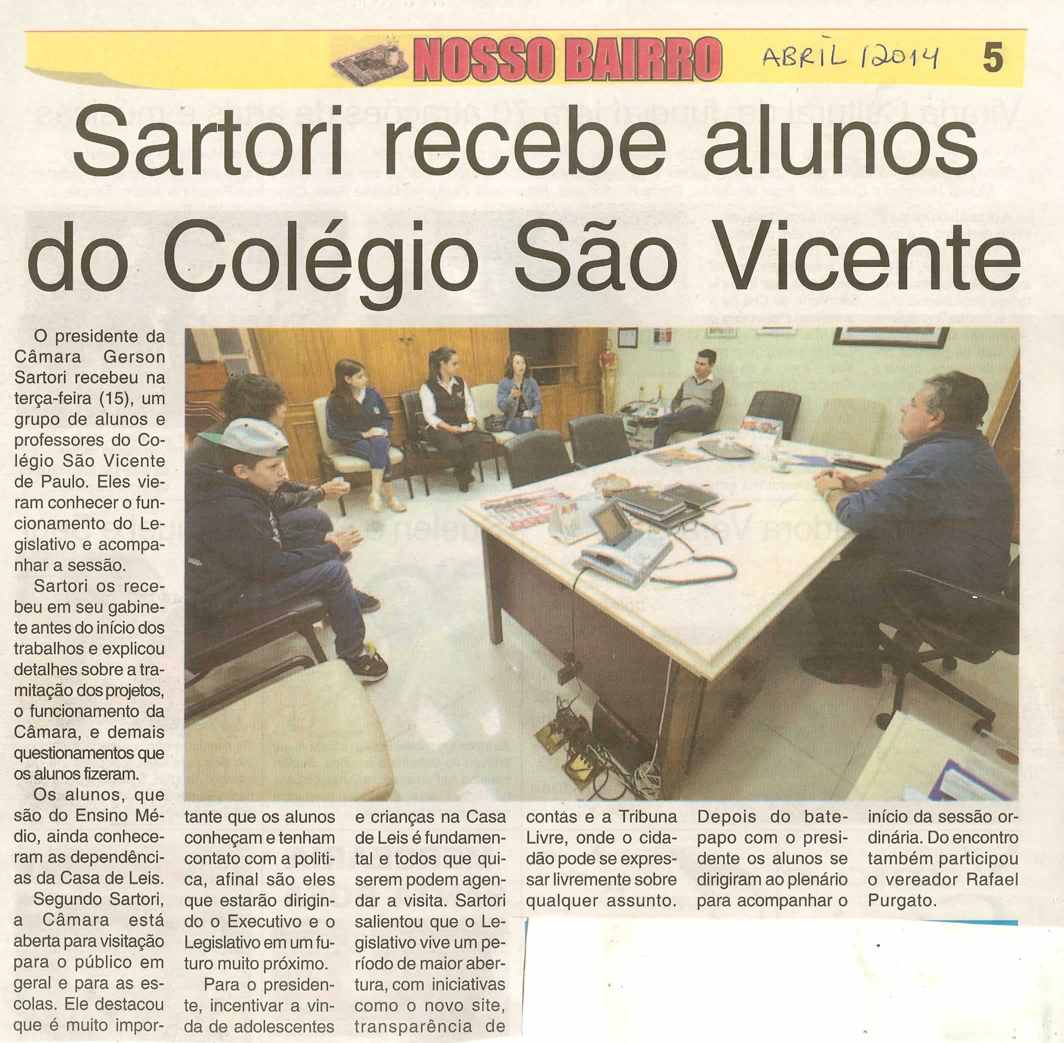Nosso Bairro - abril - Sartori recebe alunos do Colégio São Vicente -
