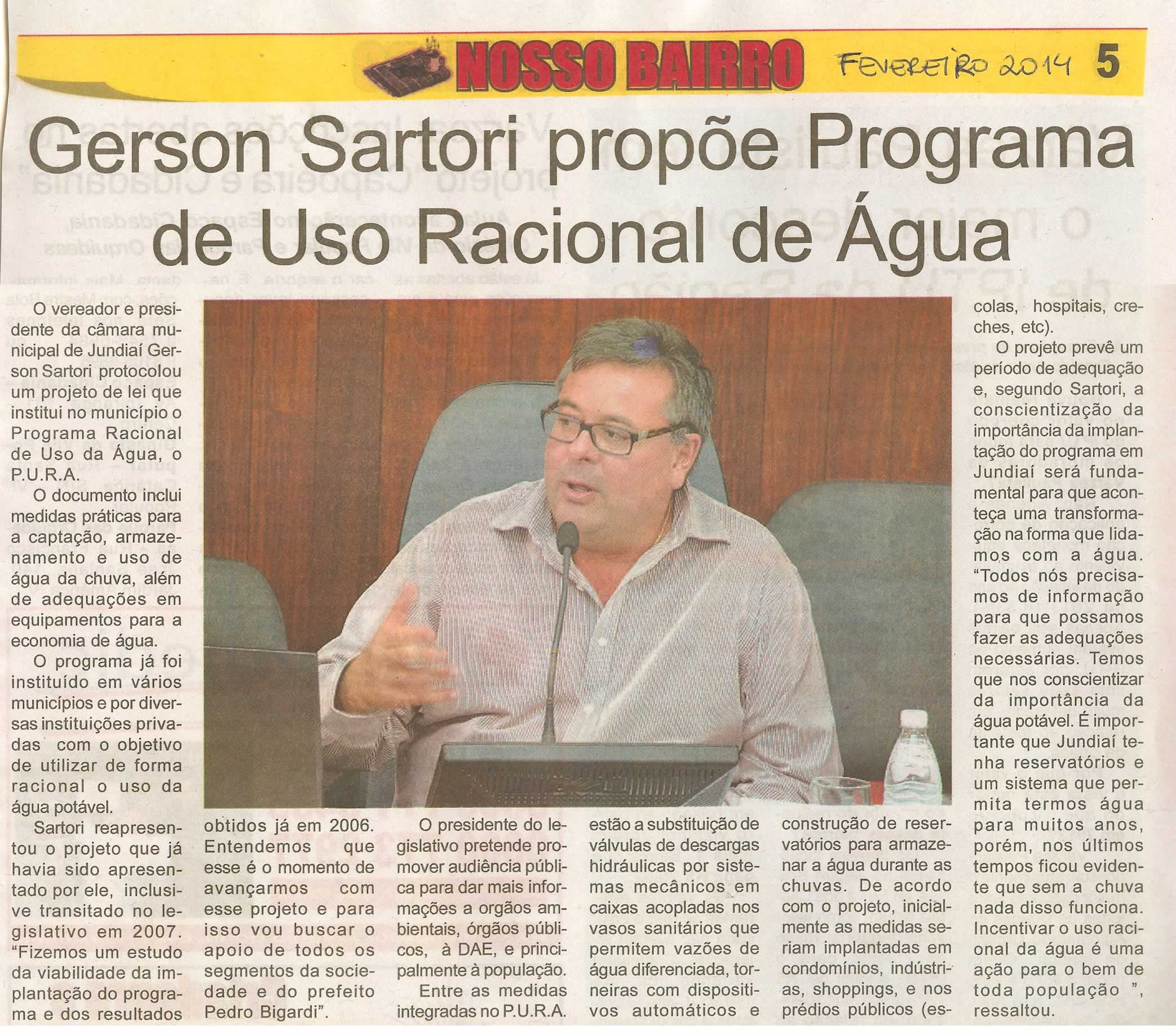 Nosso bairro - fevereiro 2014 - Gerson Sartori propõe Programa de Uso Racional de Água - 
