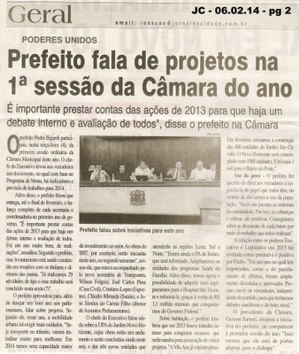 JC - 06/02/14 - pg 2 - Prefeito fala de projetos na 1ª sessão da Câmara do ano - 