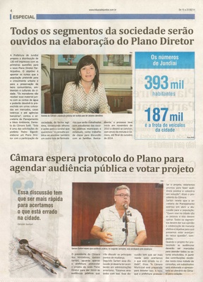 Tribuna de Jundiaí - De 15 a 21/02/14 - Todos os segmentos da sociedade serão ouvidos na elaboração do plano diretor - Câmara espera protocolo do plano para agendar audiência pública e votar projeto - 