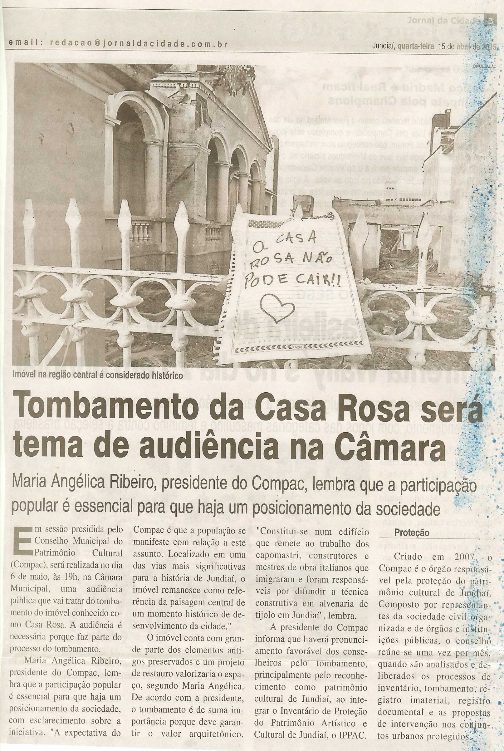 JC - 15/04/15 - pg 3 - Tombamento da casa rosa será tema de audiência na Câmara - 
