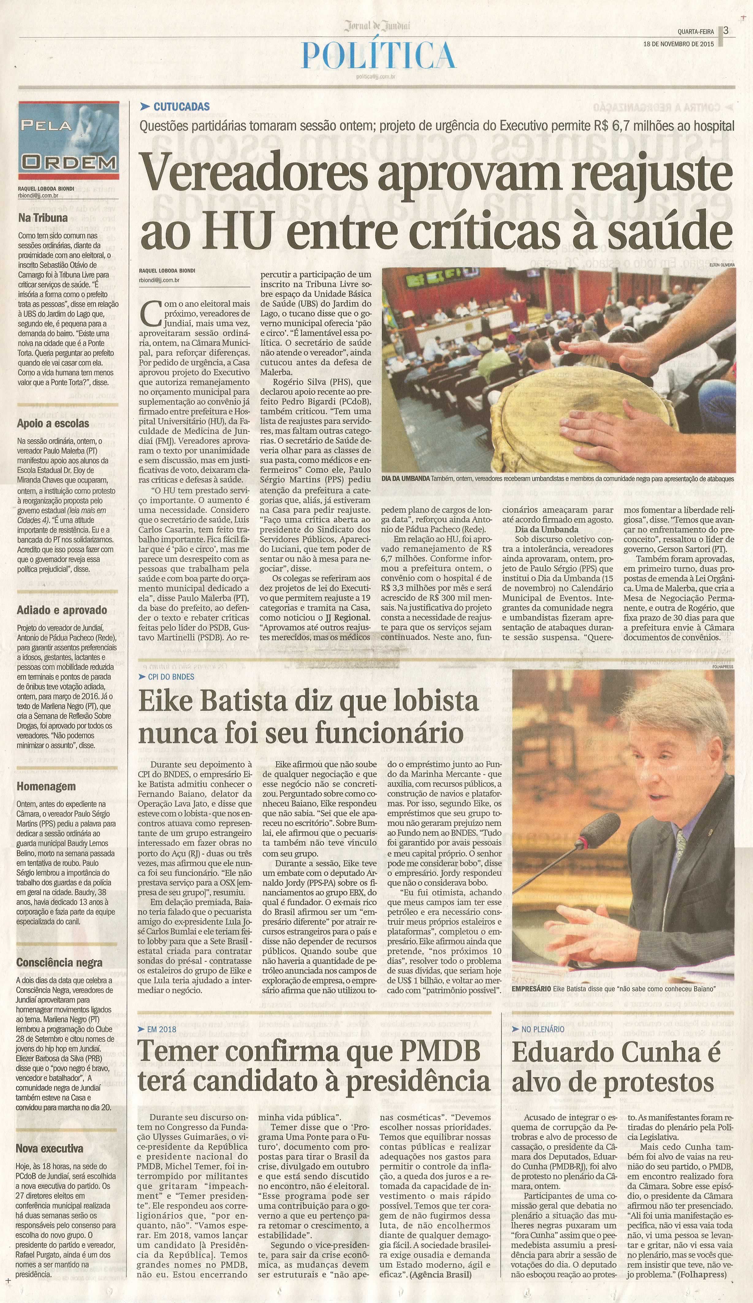 JJ - 18/11/15 - pg 3 - política - Vereadores aprovam reajuste ao HU entre críticas à saúde -