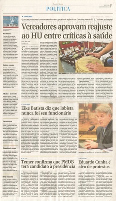 JJ - 18/11/15 - pg 3 - política - Vereadores aprovam reajuste ao HU entre críticas à saúde -