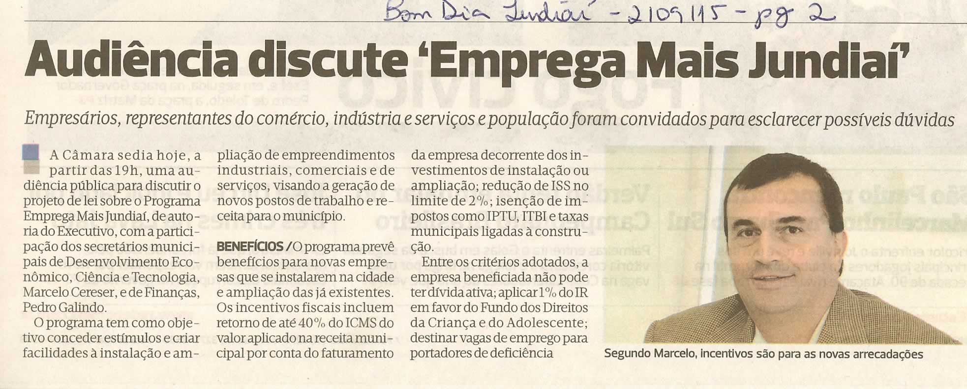  Bom Dia - 02/09/15 - pg 2 - Audiência discute 'Emprega Mais Jundiaí'.