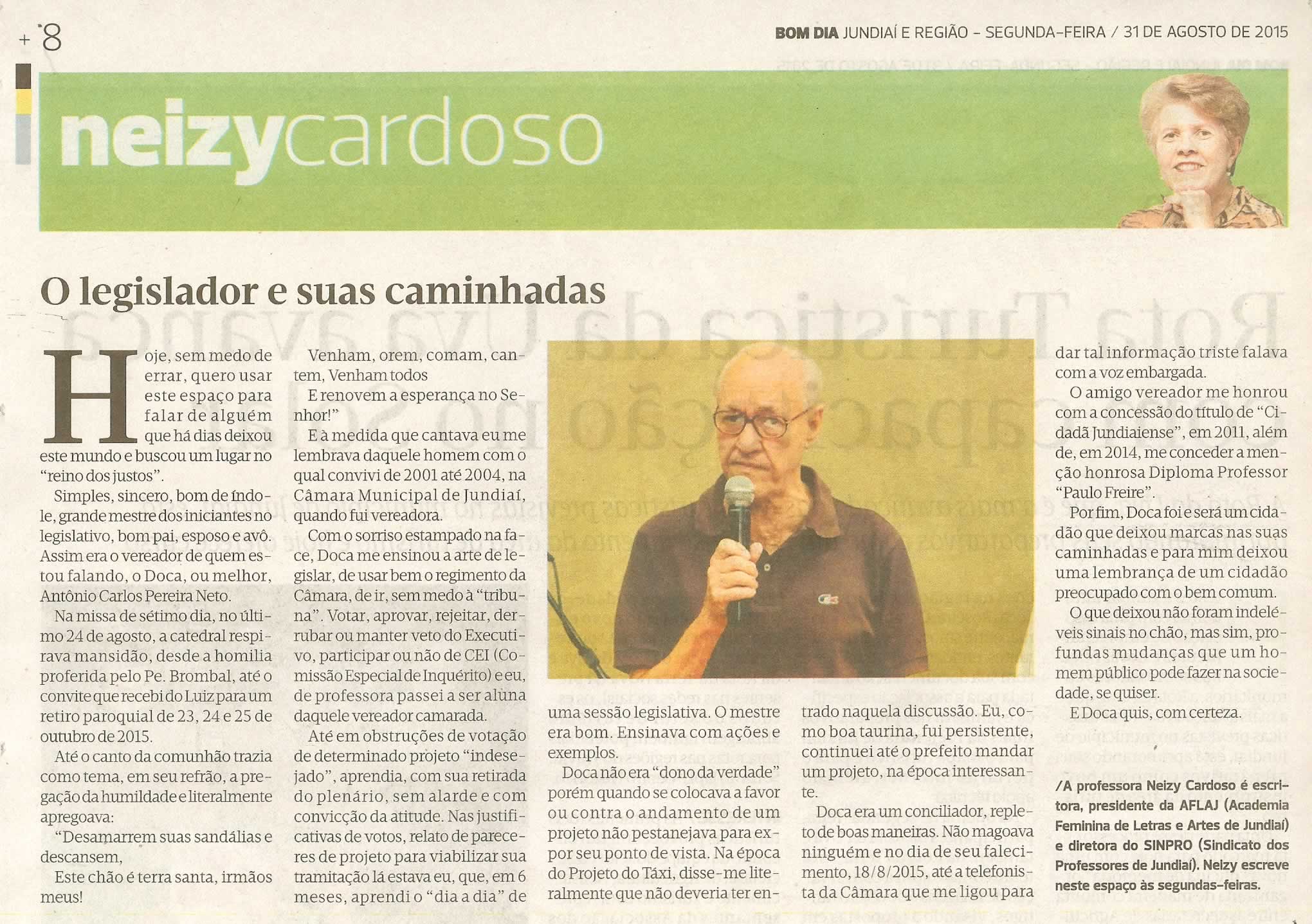  Bom Dia - 31/08/15 - pg 8 - Neizy Cardoso - O Legislador e suas caminhadas.