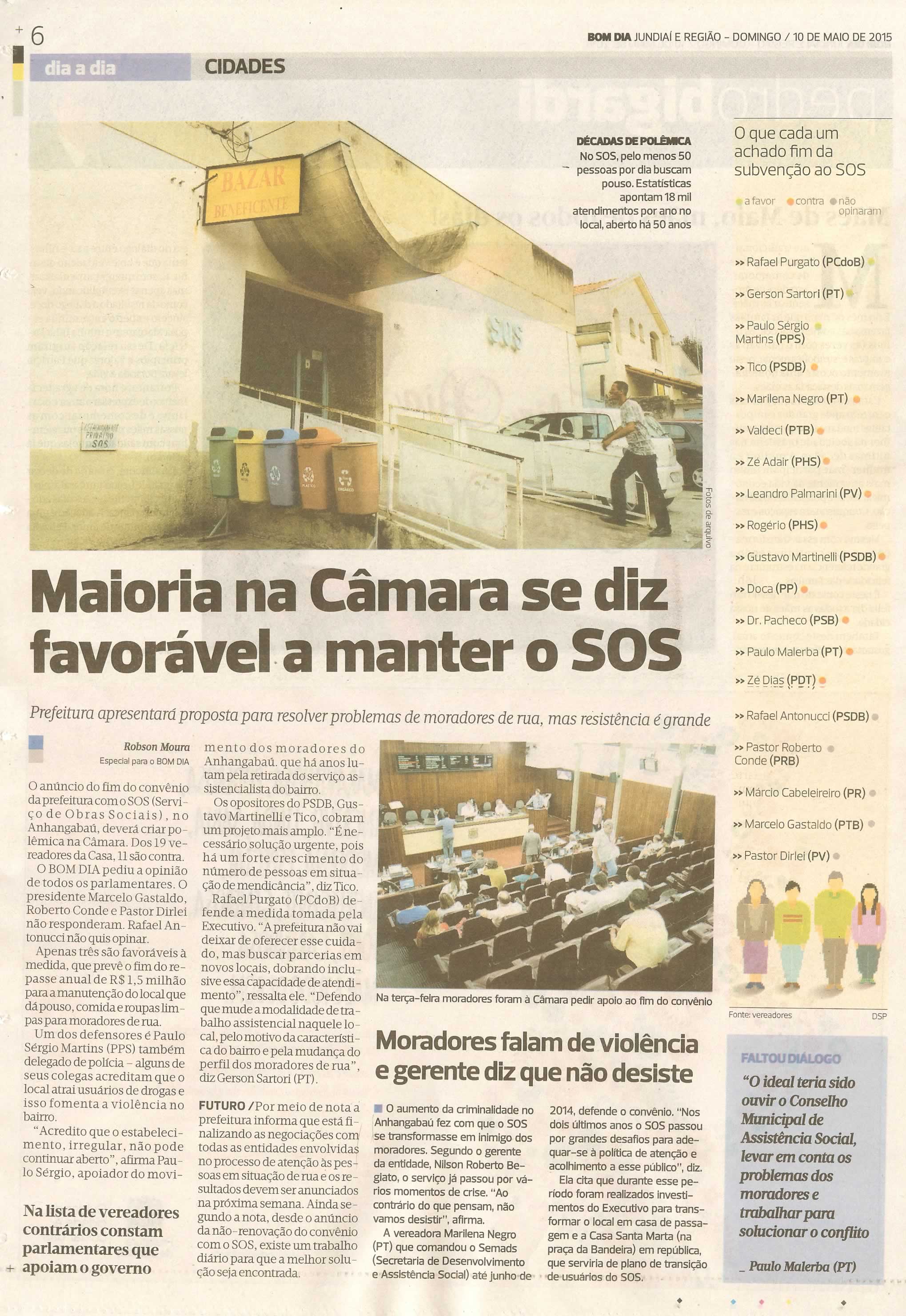 Bom Dia Jundiaí - 10/05/15 - pg 6 - Maioria na Câmara se diz favorável a manter o SOS -