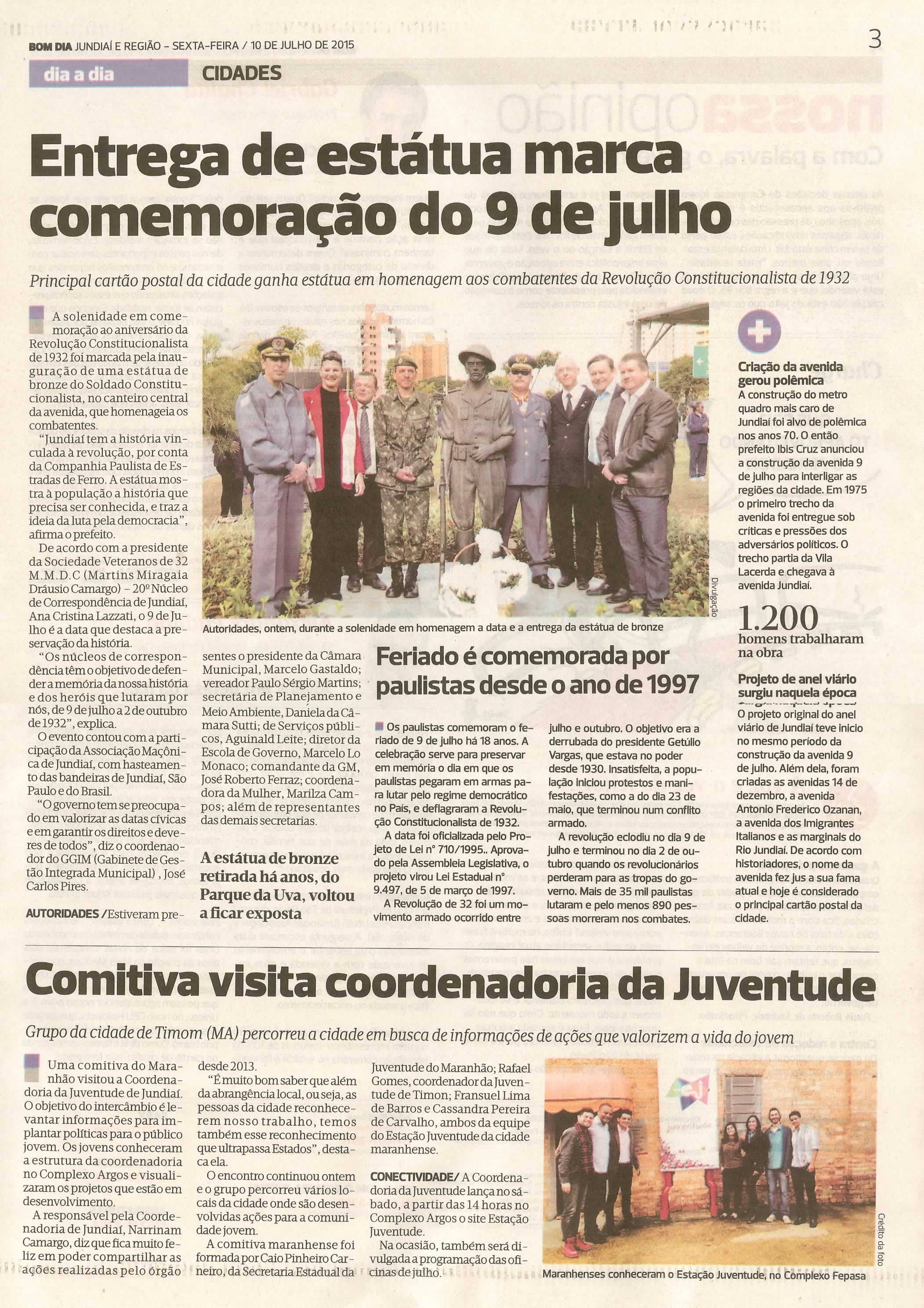 Bom Dia Jundiaí - 10/07/15 - pg 3 - Entrega de estátua marca comemoração do  9 de