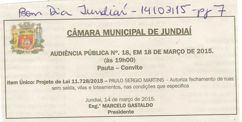 Bom Dia Jundiaí - 14/03/15 - pg 7 - Audiência Pública nº 18 da Câmara Municipal de Jundiaí