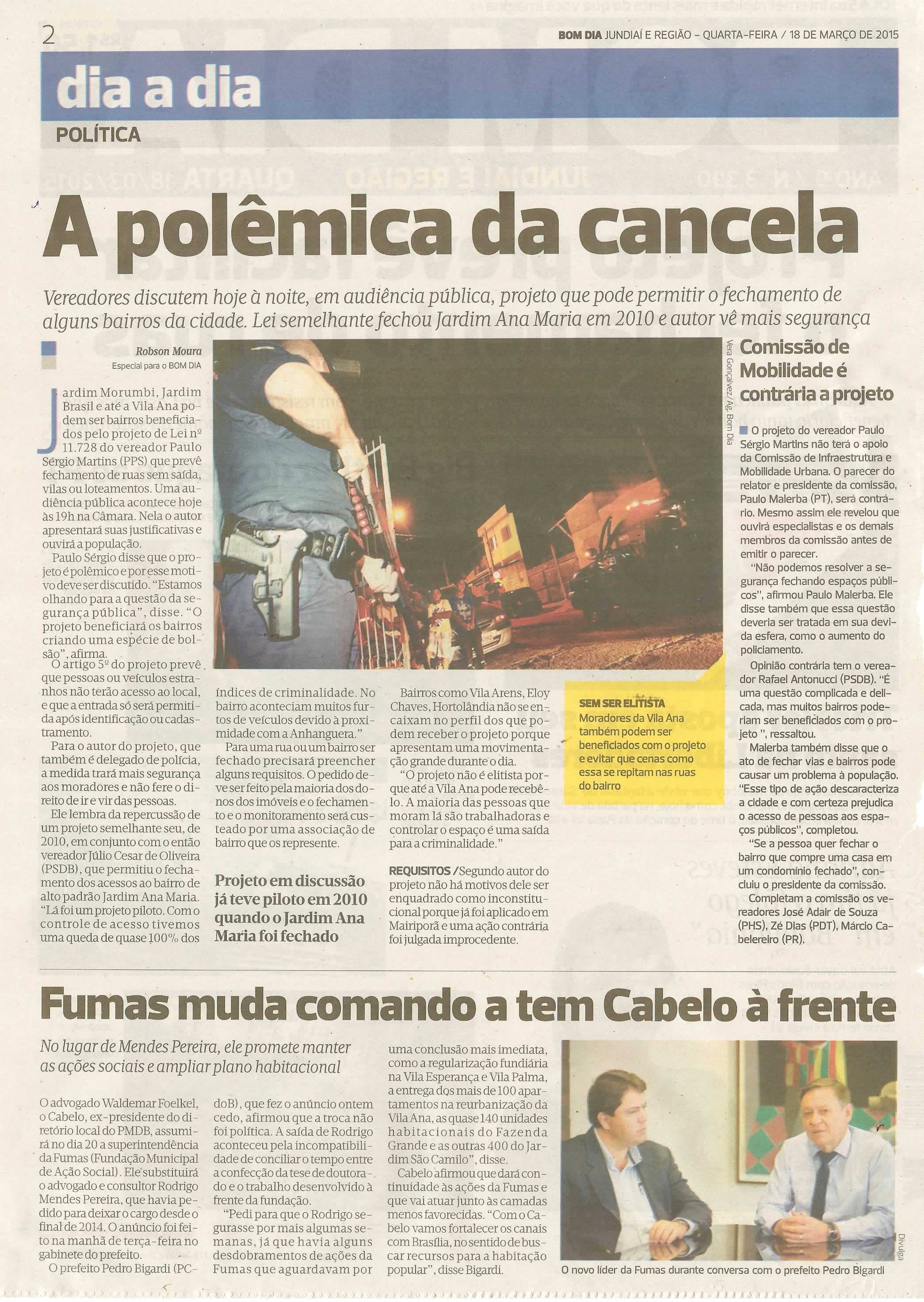 Bom Dia Jundiaí  - 18/03/15 - pg 2 - A polêmica da cancela - Fumas muda comando e tem Cabelo à frente - 