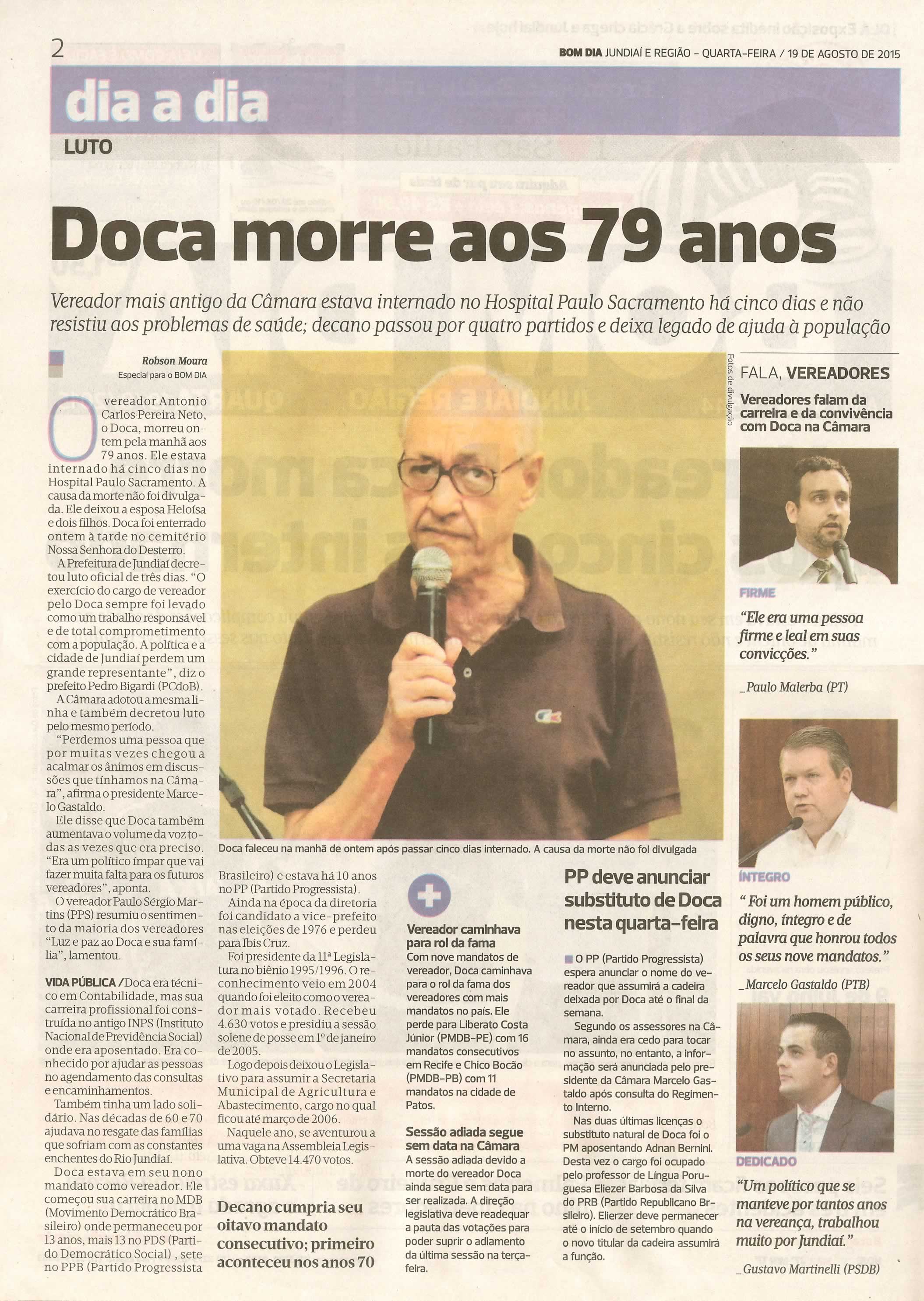 Bom Dia Jundiaí - 19/08/15 - pg 2 - Doca morre aos 79 anos - 