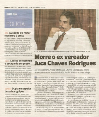 Bom Dia Jundiaí - 20/10/15 - pg 15 - Morre o ex-vereador Juca Chaves Rodrigues -
