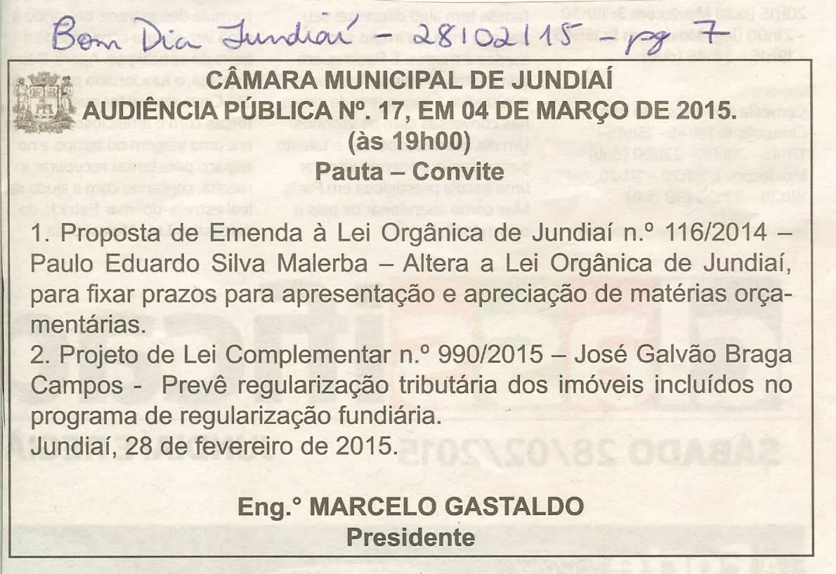 Bom Dia Jundiaí - 28/02/15 - pg 7 - Audiência Pública nº 17 da Câmara Municipal de Jundiaí
