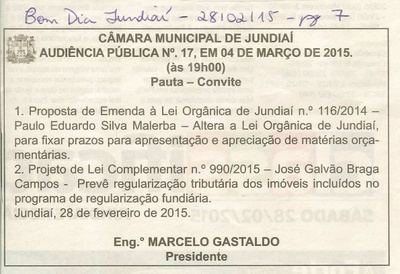 Bom Dia Jundiaí - 28/02/15 - pg 7 - Audiência Pública nº 17 da Câmara Municipal de Jundiaí