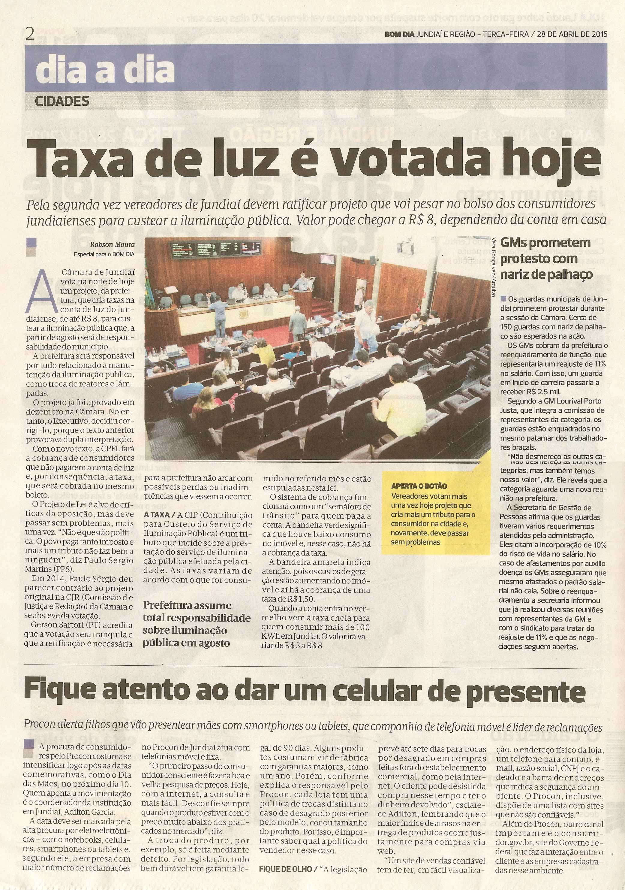 Bom Dia Jundiaí - 28/04/15 - pg 2 - Taxa de luz é votada hoje - 