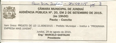Bom Dia Jundiaí - 29/08/15 - pg 3 - Audiência Pública nº 20 da Câmara Municipal de Jundiaí -