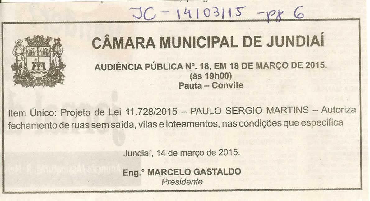 JC - 14/03/15 - pg 6 - Audiência Pública nº 18 da Câmara Municipal de Jundiaí