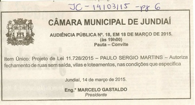JC - 14/03/15 - pg 6 - Audiência Pública nº 18 da Câmara Municipal de Jundiaí